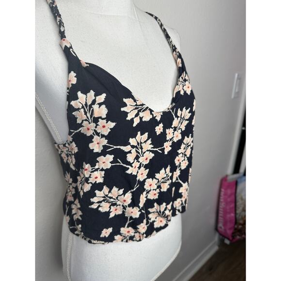 Boho Floral Braided Twist Back Tank Top XS Black Peach Cream Linen Summer Look - Picture 5 of 15